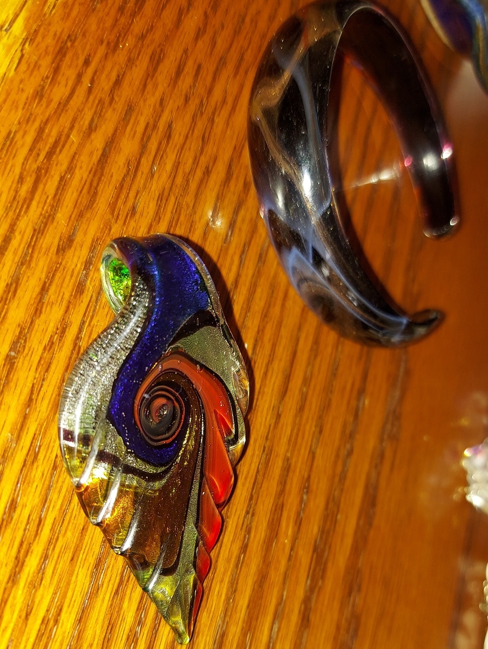 Colorful Murano Vtg Swirled Glass Pendant and Black Marbled Murano Cuff Bracelet